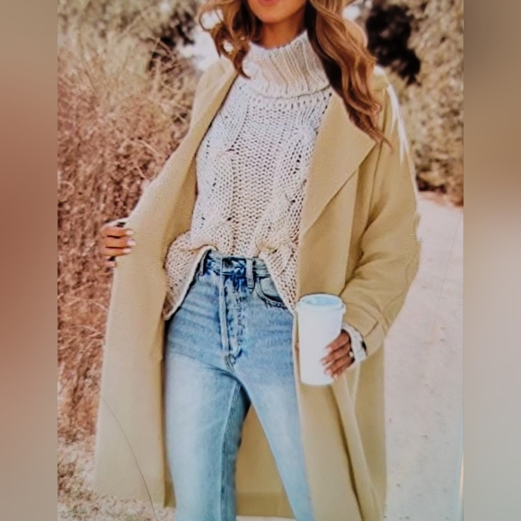 NWT COUTURE High End Designer Cotton Blend Notch Lapel Pea Over Coat  Khaki Med - Picture 4 of 11